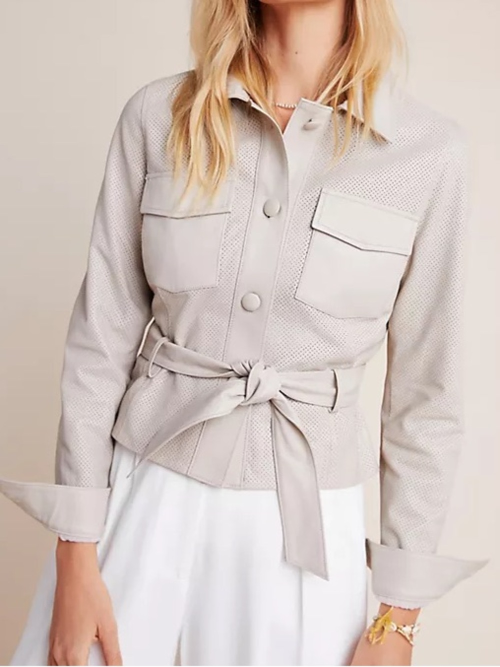Lamarque Perforated Leather Belted Flap Pocket Buttoned Jacket clay cream size M